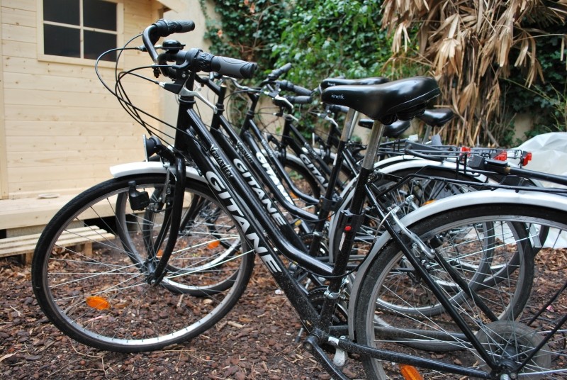 Diaporama L’hôtel fait du vélo - Les vélos, disposés dans le fond du jardin | Photo Dorothée Duchemin